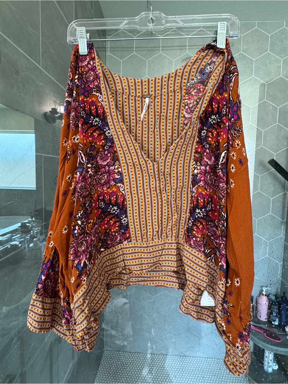 Free People Floral-Print V-Neck crop top in Rust with Pink & Purple Accents